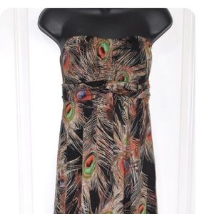 Poetry Strapless Peacock Feather Maxi Dress Small